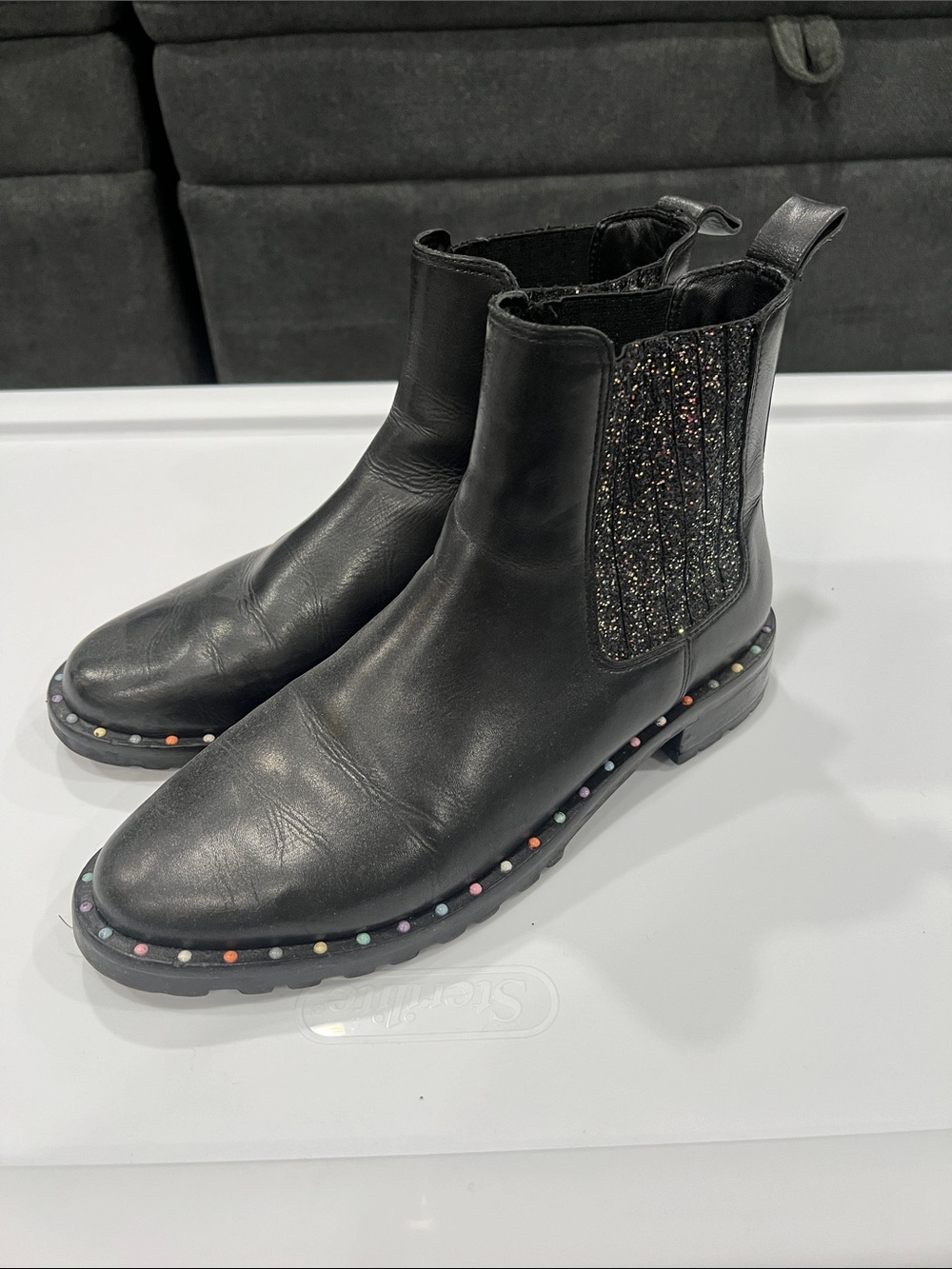 Black Leather Chelsea Boots with Glitter Panel and Multicolor Stud Trim